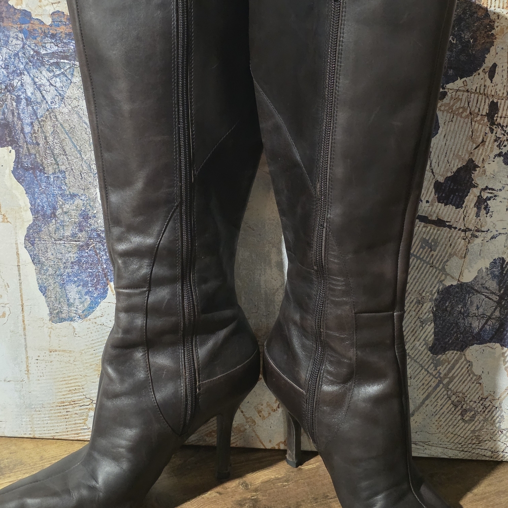 Nine West Timeless Women's Dark Brown Leather Knee-High Stiletto Boots - Picture 9 of 16